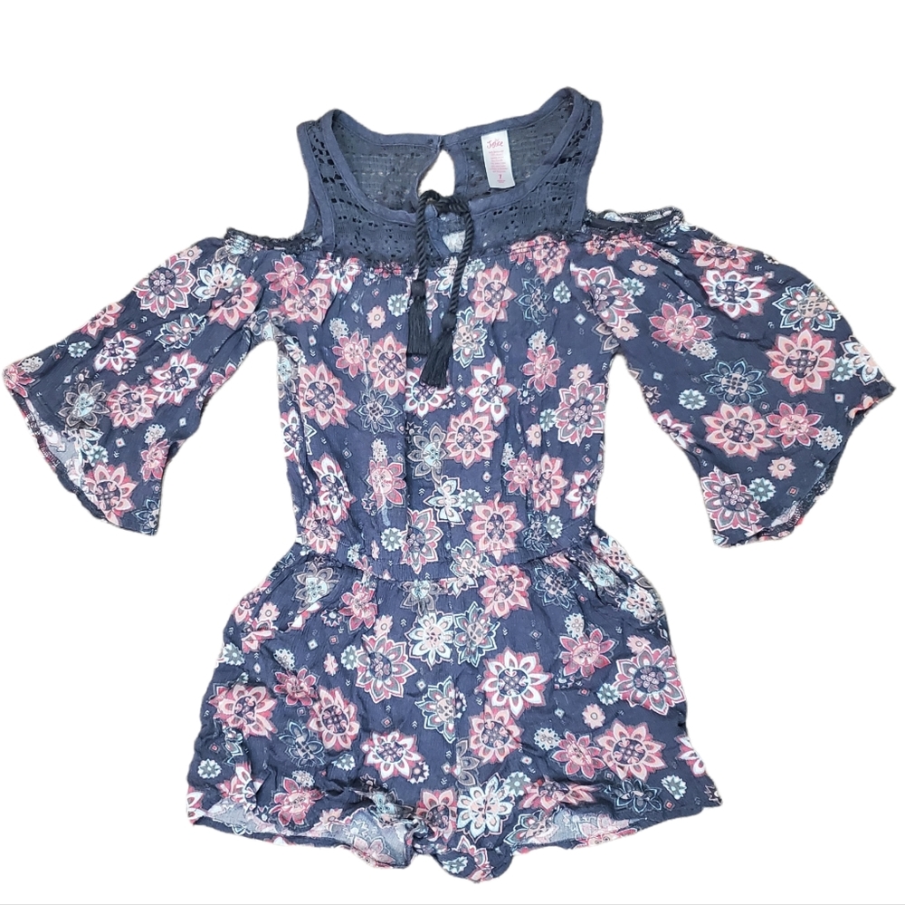 Girl's size 7 Justice shorts floral romper with peep shoulder